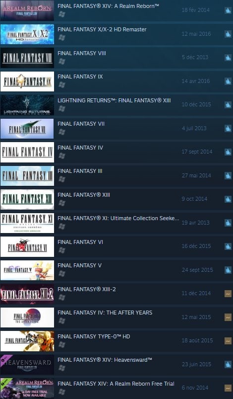 Steam - Liste des Final Fantasy (fin 2016)